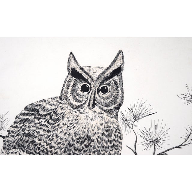 1970s Great Horned Owl Sitting on a Branch - Illustration in Ink on Cardstock by M. Kochmaruk For Sale - Image 5 of 7