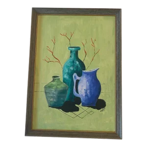 Mid 20th Century Modern Oil on Board Still Life Study Painting “Three Jugs” Artist Signed Lrs, Framed
