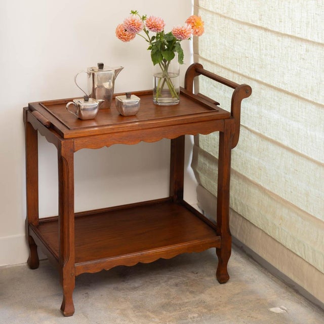 Beautiful scalloped wood dessert cart from France, 1940s. Rectangular cart with two tiers and carved wavy scalloped detail...
