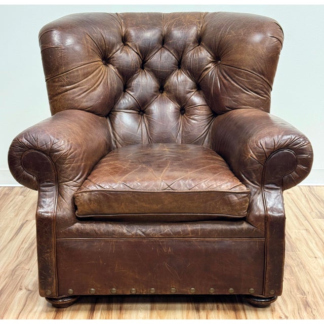 Mid 20th Century Vintage Restoration Hardware Leather Churchill Cigar Chair and Ottoman With Nailheads For Sale - Image 5 of 18