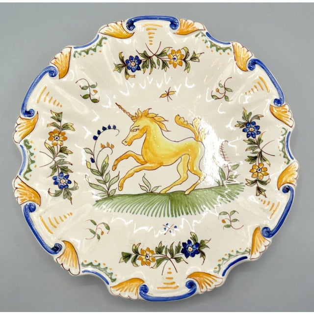 Antique French Moustiers Large Plate With Unicorn Hand Painted For Sale - Image 11 of 12