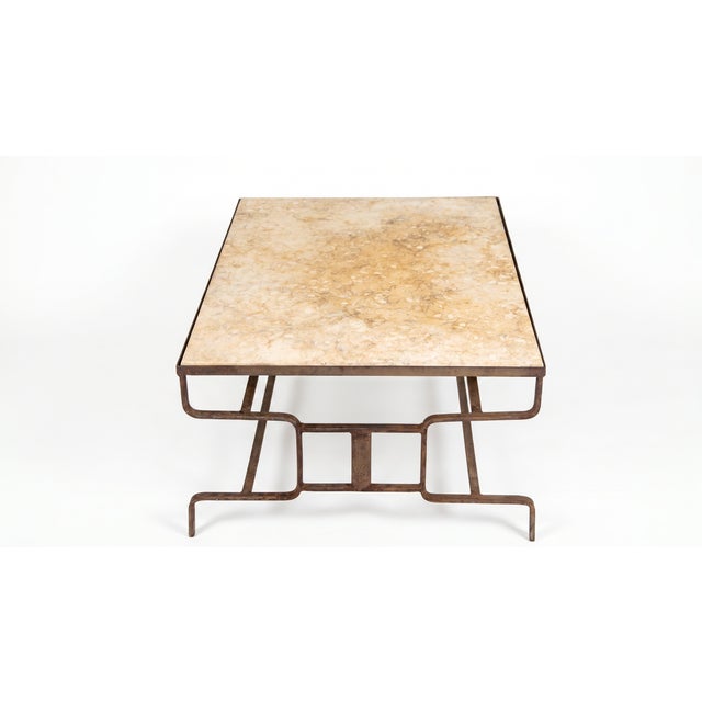 French Artisan Coffee Table in Wrought Iron and Travertine Top, 1920s For Sale - Image 3 of 10