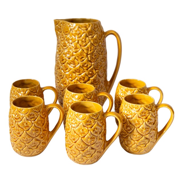 Vintage Pineapple Portuguese Earthenware Cups and Jug by Kerangol, 1960s, Set of 7 For Sale