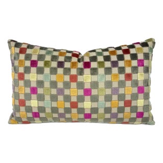 Gp & J Baker Clarendon Small Check in Multi Lumbar Pillow Cover - Gray Velvet Checkerboard Rectangle Cushion Case For Sale