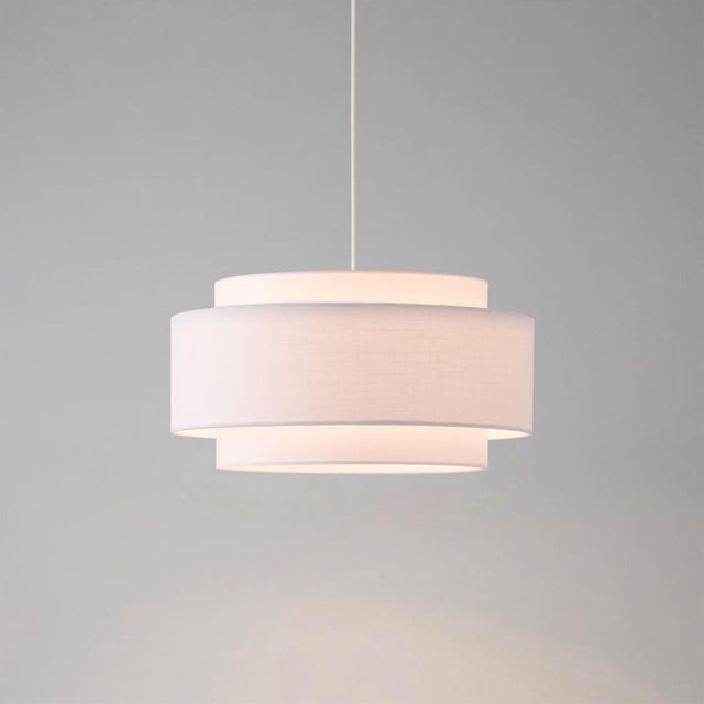 2020s Coronado Pendant Light Kit - Drum White Linen Shade, Satin Nickel Body, Dimmable For Sale - Image 5 of 6