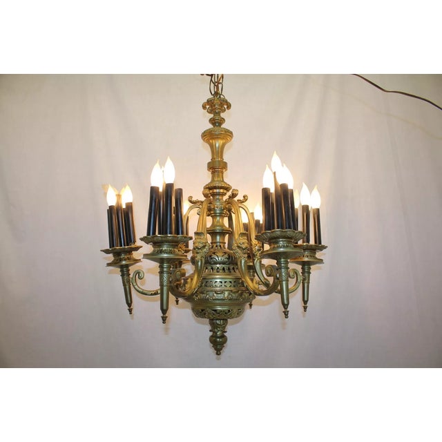 1920s Antique French Bronze Chandelier Ceiling Light Fixture With Torchiere Arms, Rewired For Sale - Image 5 of 11
