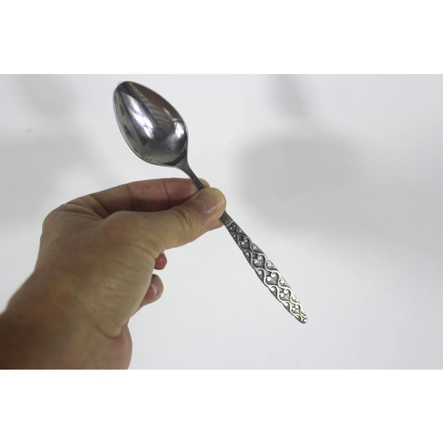 1960s Malta Japanese Mid Century Modern 4 Piece Setting for 4 Stainless Steel Black Detail Matching MCM Spoons Forks Knives 16 Pieces For Sale - Image 9 of 10