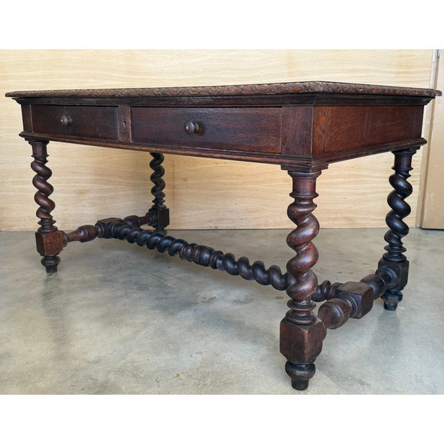 Spanish 19th Spanish Walnut Desk or Console Table With Two Drawers & Solomonic Legs For Sale - Image 3 of 12