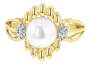 Solitaire Pearl Diamond Ring 10k Yellow Gold, Size 6