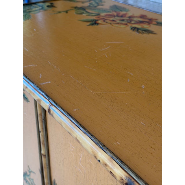 Contemporary Vintage Coastal Tortoise Bamboo Sideboard Cabinet With Floral Decoupage & Crackle Finish For Sale - Image 3 of 12