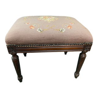 Antique Needlepoint Footstool With Carved Legs For Sale