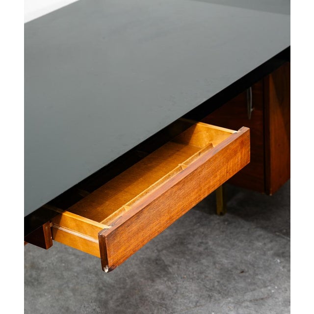 Mid Century Modern Desk Executive L Shaped Cane Walnut Large Black File Drawers For Sale - Image 11 of 12