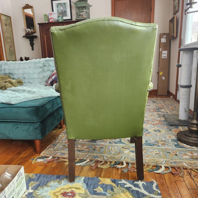 MID-CENTURY MODERN 1960s Moss Green Vintage Library, Writing, Executive Chair Moss Green Leather Blend/Woven Fabric With...