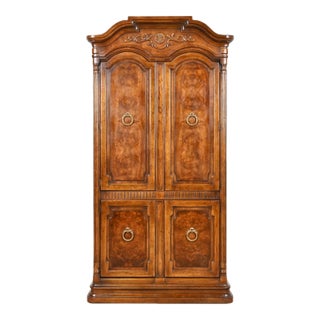 Drexel Heritage French Regency Louis XVI Carved Burled Walnut Armoire Dresser or Linen Press For Sale