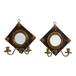Late 19th Century French Brass and Wood Antique Mirrored Wall Sconces - Set of 2 For Sale