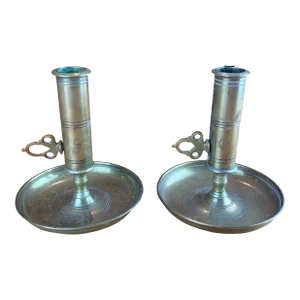 Early 20th Century Mid-Century Danish Modern Brass Turn Key Candle Holders by Malm Denmark- Set of 2