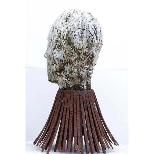Óscar Aldonza Torres, Black Refractory Sculpture with White Smoked Glaze, Testa 16, 2019, Clay, Iron & Smoked Glass For Sale - Image 6 of 17