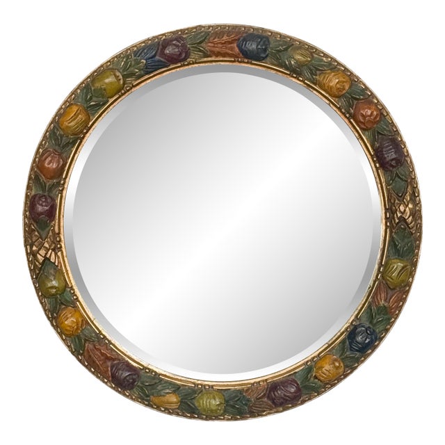 Round Barbola Bevel Mirror With Relief of Fruit From England (Diameter 22 1/4) For Sale