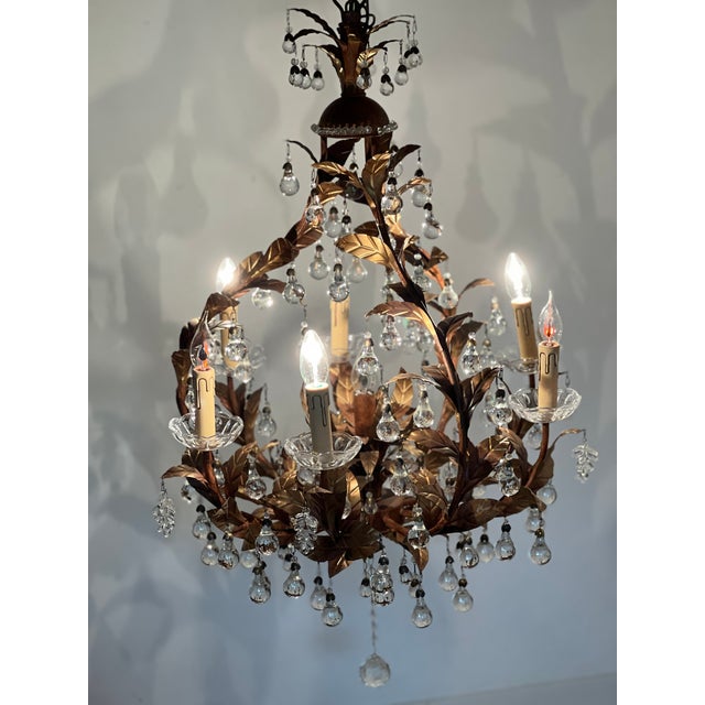 Vintage Chandelier with Crystal Drops and Gilded Brass, 1950s, in Very Good conditions. Designed 1950 to 1959 European...
