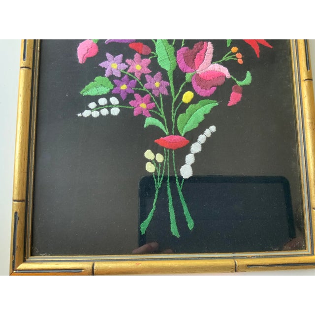 Mid 20th Century Vintage Floral Embroidery Wall Hanging, Framed For Sale - Image 5 of 9