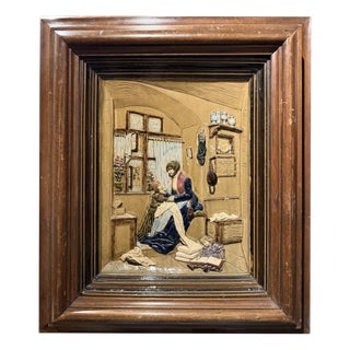 Historicism Porcelain Majolica Relief Image of a Mother with Children in a Room, 1890s For Sale