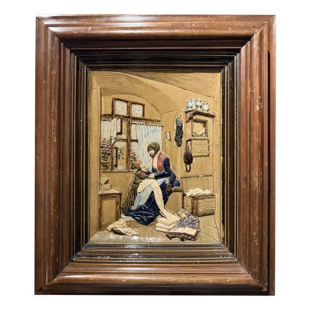 Historicism Porcelain Majolica Relief Image of a Mother with Children in a Room, 1890s For Sale