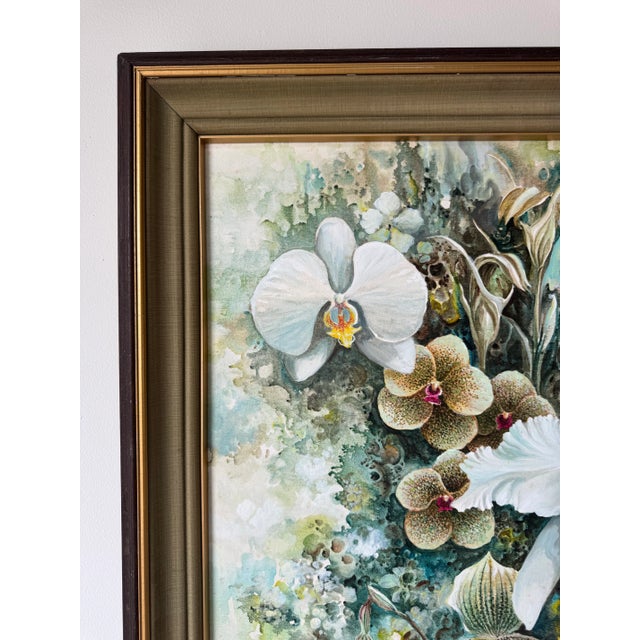 1970s 1970’s Vintage Tropical Botanical Orchid Landscape Oil on Canvas Painting, Framed For Sale - Image 5 of 12