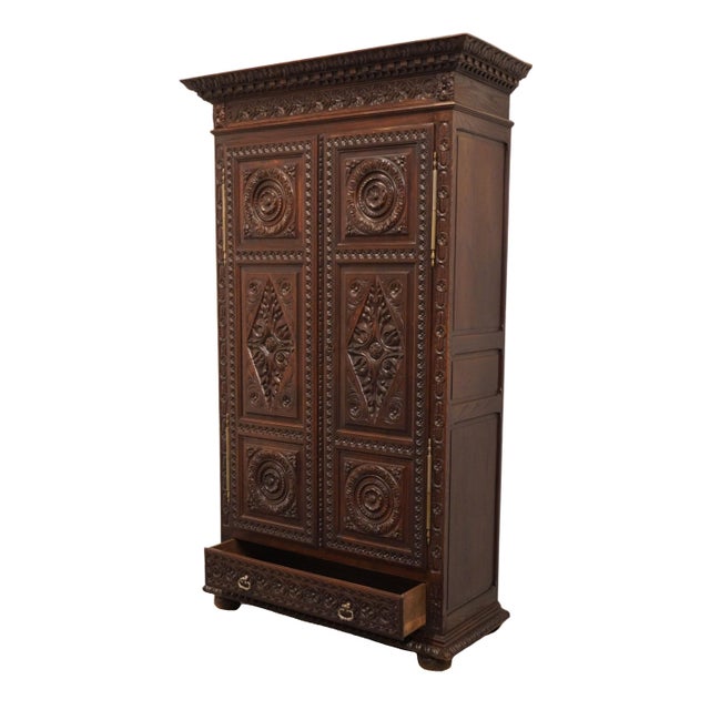 Wood Vintage Antique English Walnut La Baule Escoublac Gothic Jacobean 49" Mirrored Wine Storage Bar / Cupboard For Sale - Image 7 of 12