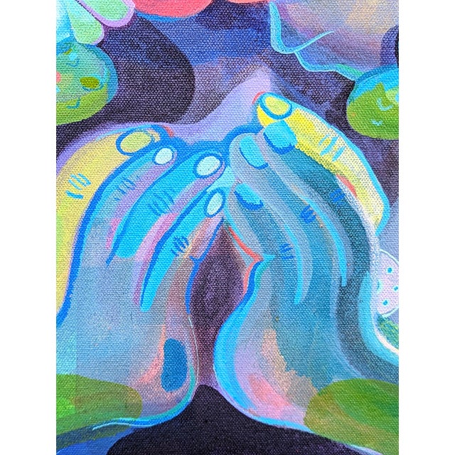 Contemporary green and purple toned abstract painting by Chicago-based artist Cecilia Beaven. The work features a pair of...