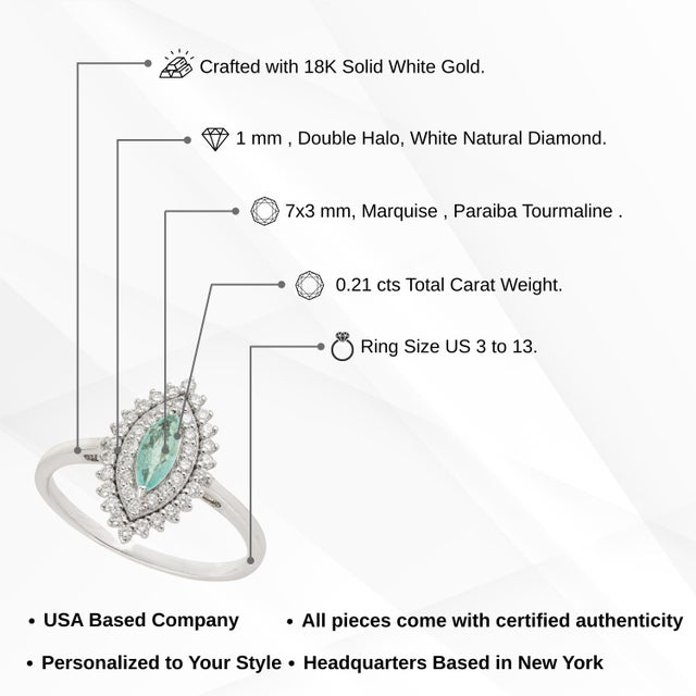 18k Gold Marquise Cut Paraiba Tourmaline Ring With Double Halo Diamonds Size 9 For Sale - Image 13 of 18