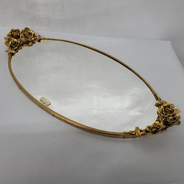 1960s Vintage Gold Vanity Mirror Oval Tray Filagree Roses Neoclassical