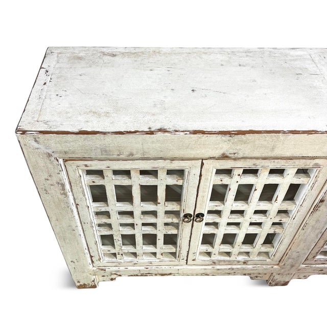 Vintage Worn White Lattice Door Sideboard Credenza For Sale In Los Angeles - Image 6 of 8