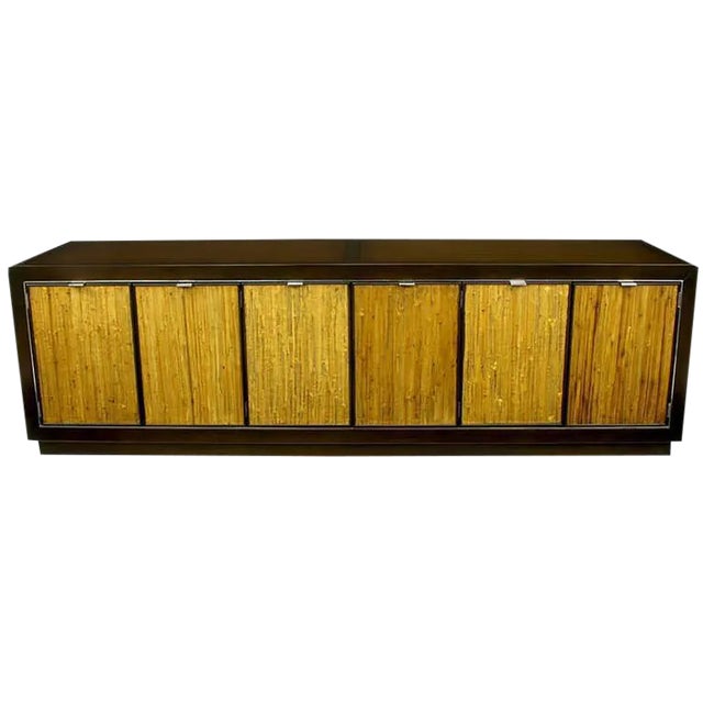 Dark Walnut & Grasscloth Low Cabinet After Harvey Probber For Sale