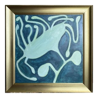 Original Framed Floral Still Life Painting, Blue Seafoam Oil on Canvas in Gold Frame, 14x14 Minimalist Boho Home Decor For Sale
