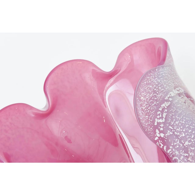 Hot Pink Vintage Murano Pink and Silver Foil Clam Shell Coiled Large Glass Bowl, Signed For Sale - Image 8 of 11