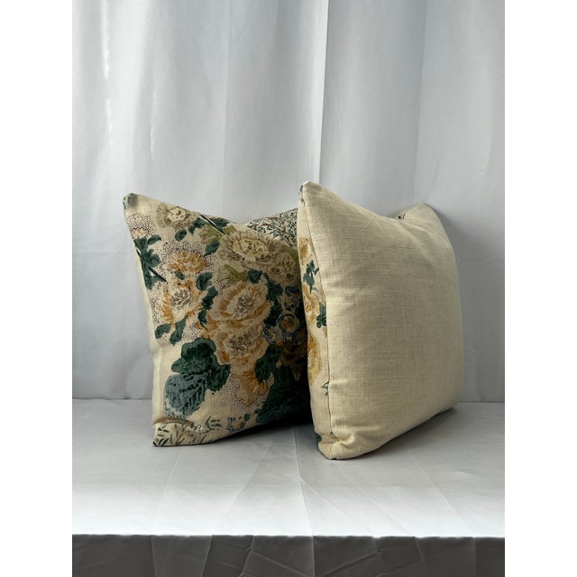 Handcrafted 18”x18” designer Althea Citron attributed to Lee Jofa floral pattern feather/down linen pillows. Solid...