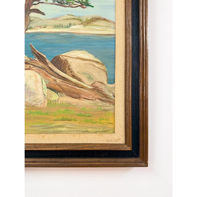 Wood Vintage Oil Painting Coastal Landscape Gnarled Tree Seascape Signed Framed For Sale - Image 7 of 9