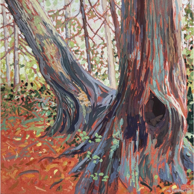 This artwork depicts two entwined trees, their gnarled trunks conveying a sense of deep connection and history. The...
