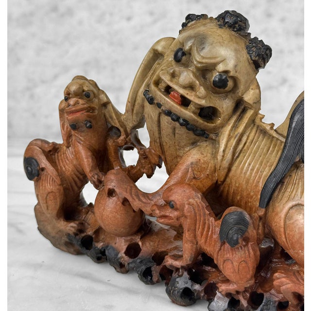 Jade Antique 9" Traditional Chinese Soapstone Foo Dog & Cubs Sculpture For Sale - Image 8 of 10