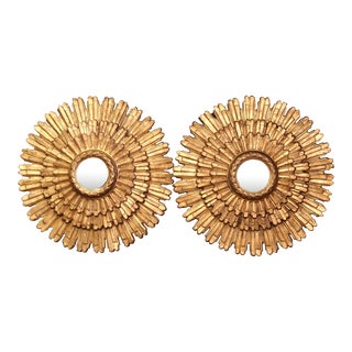 Pair of Vintage Italian Carved Giltwood Sunburst Mirrors With Three-Tier Rays For Sale