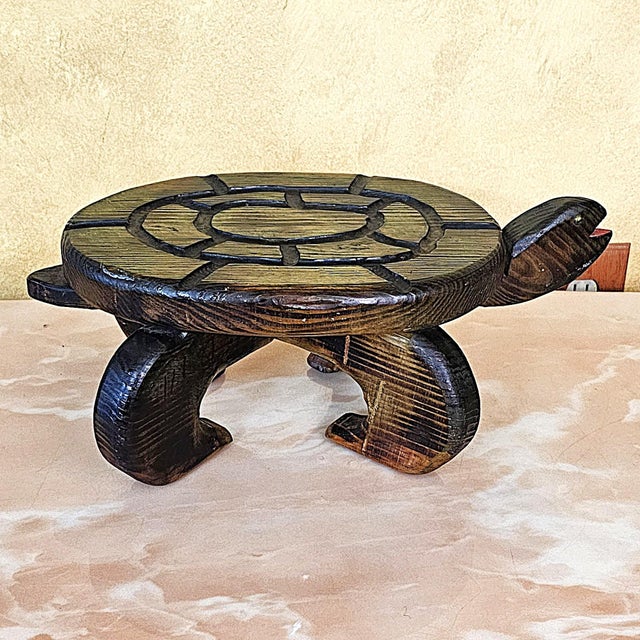 Vintage hand-carved wooden turtle stool/plant stand by E.B. Lovett, Rockville MD. Constructed from pressure-treated lumber...