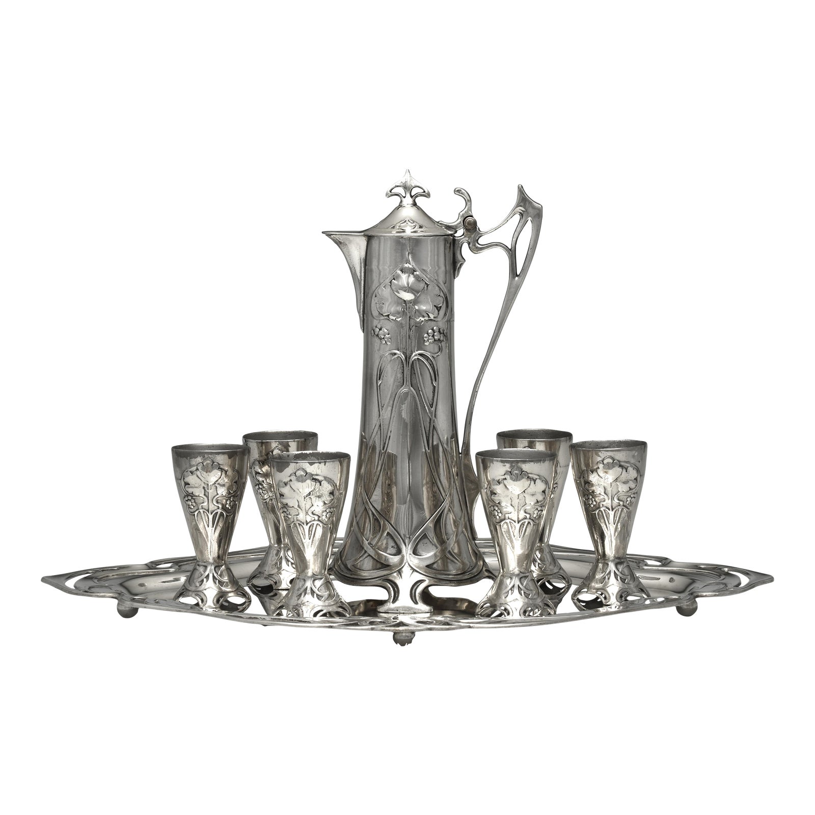 Circa 1900 WMF Art Nouveau Silverplate Liqueur Service With Tray