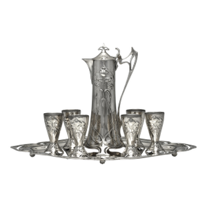 Circa 1900 WMF Art Nouveau Silverplate Liqueur Service With Tray – Jugendstil Claret Jug & 6 Beakers