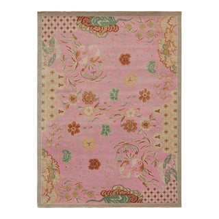 2010s Rug & Kilim’s Chinese Style Art Deco Rug in Pink With Green & Gold-Brown Florals For Sale