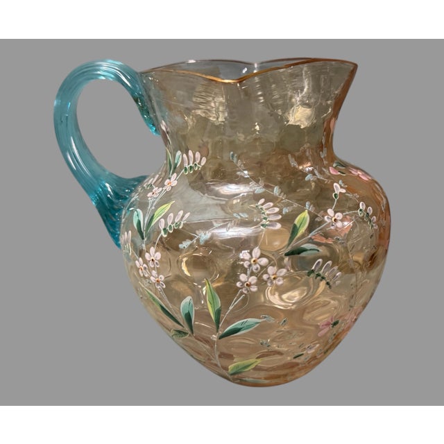 Amber Antique Victorian Floral Hand Painted Enamel Decorated Art Glass Pitcher With 6 Glasses For Sale - Image 8 of 10