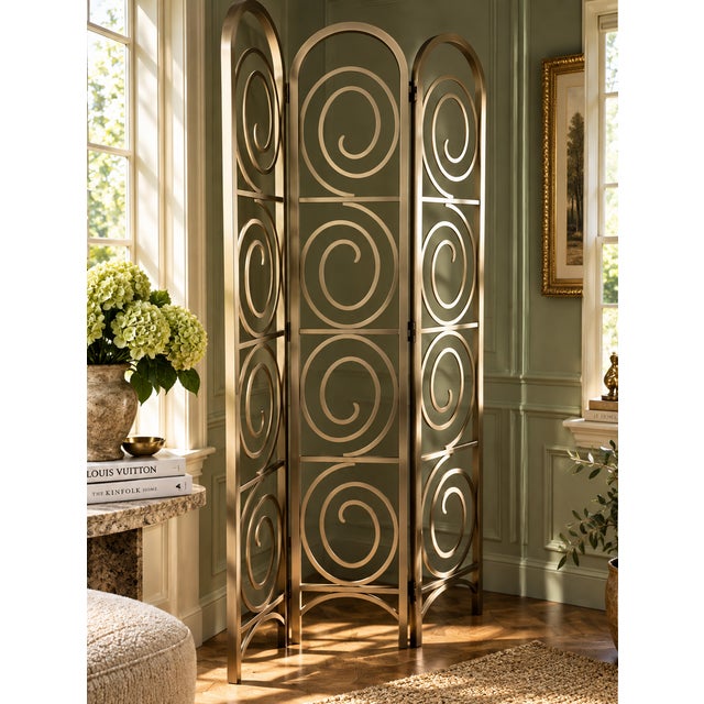 1990s Ethan Allen Radius Collection Brushed Nickel Three-Panel Architectural Folding Room Divider For Sale - Image 18 of 18