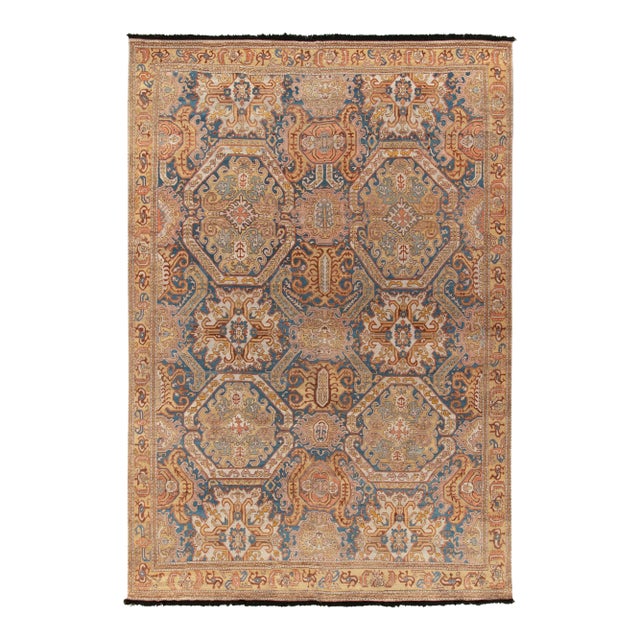 Tribal Style Rug in Blue & Gold Geometric Floral Pattern by Rug & Kilim For Sale