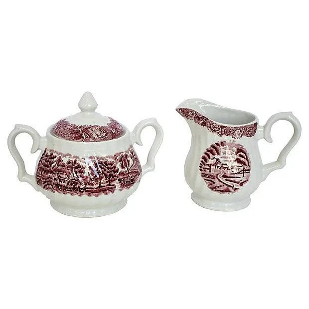 Set of three English Staffordshire coffee/tea service in red transferware. Marked "Made in England". Creamer 5"Dia. x 4"H,...