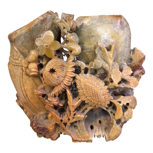 Chinese Carved Soapstone Double Spill Vase Floral Relief Sculptural For Sale