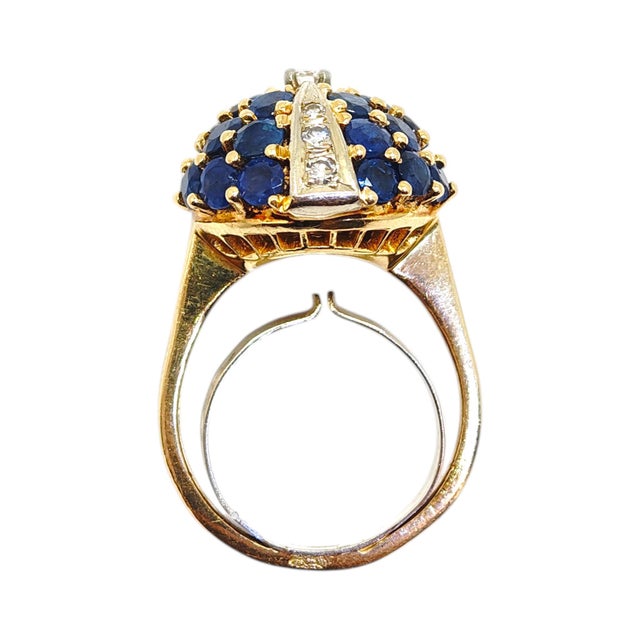 Blue Late 20th Century 18k Yellow Gold Sapphire & Diamond Bombe Ring, Size 5 For Sale - Image 8 of 11